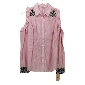 Nanette Lepore Long Sleeve Cold Shoulder Button Shirt Pink Stripe Embroidery M